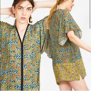 Zara Basics Green Floral Kimono Tunic Mini Dress